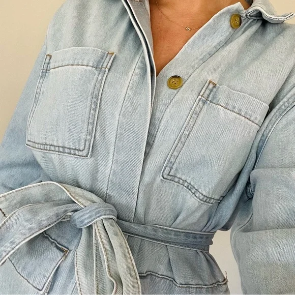 Tie Waist Denim Top - Picture 3 of 5